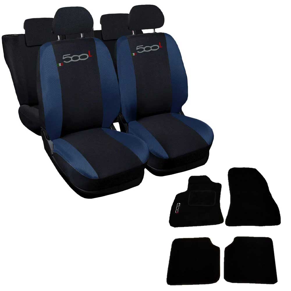 Coprisedili 500l Bicolore Blu Royal-nero Con Tappetini In Moquette