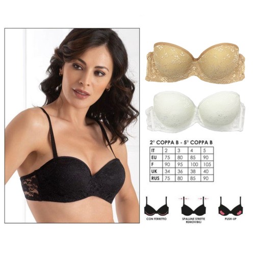 Reggiseno Coconuda art. Orchidea a fascia in pizzo con ferretto, tessuto poliestere, scollatura a cuore, 3 colori disponibili, varie taglie a scelta